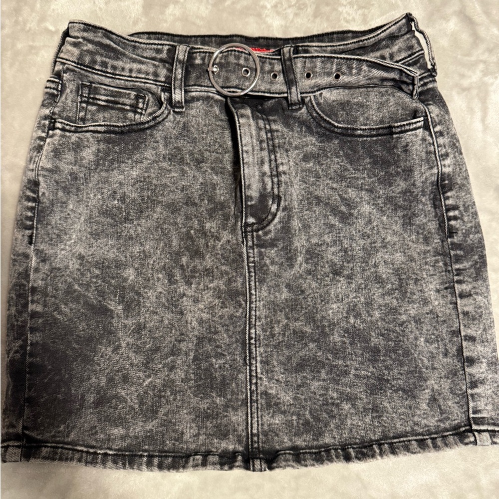 Guess Jean Skirt S Faded‎ Stone Wash Blk Denim Mini Belted Y2K Rock Grunge Club